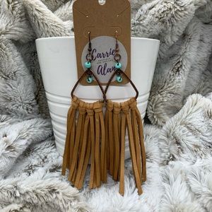 Tan fringe leather earring